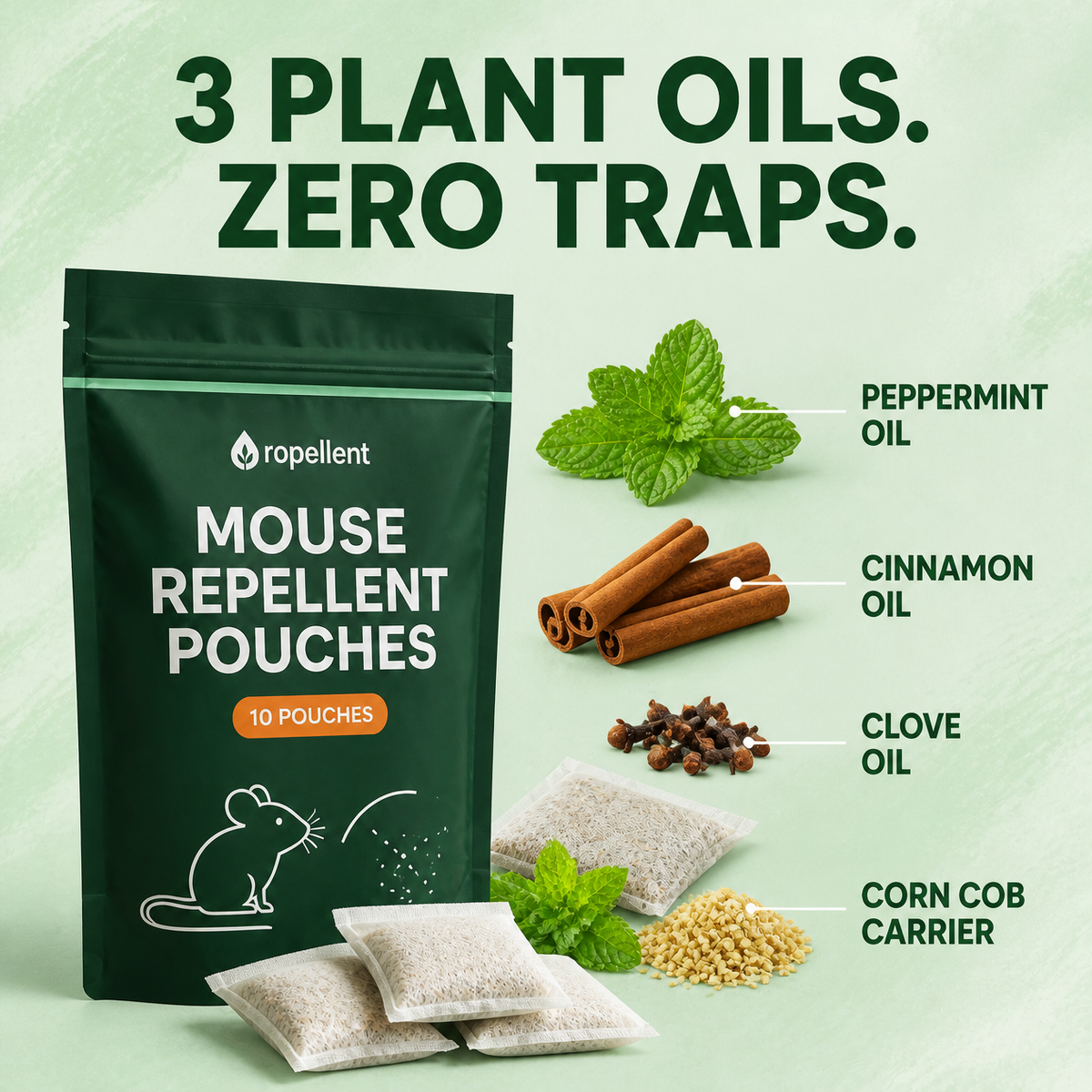 Ropellent ingredients: peppermint, cinnamon and clove oils with corn cob carrier